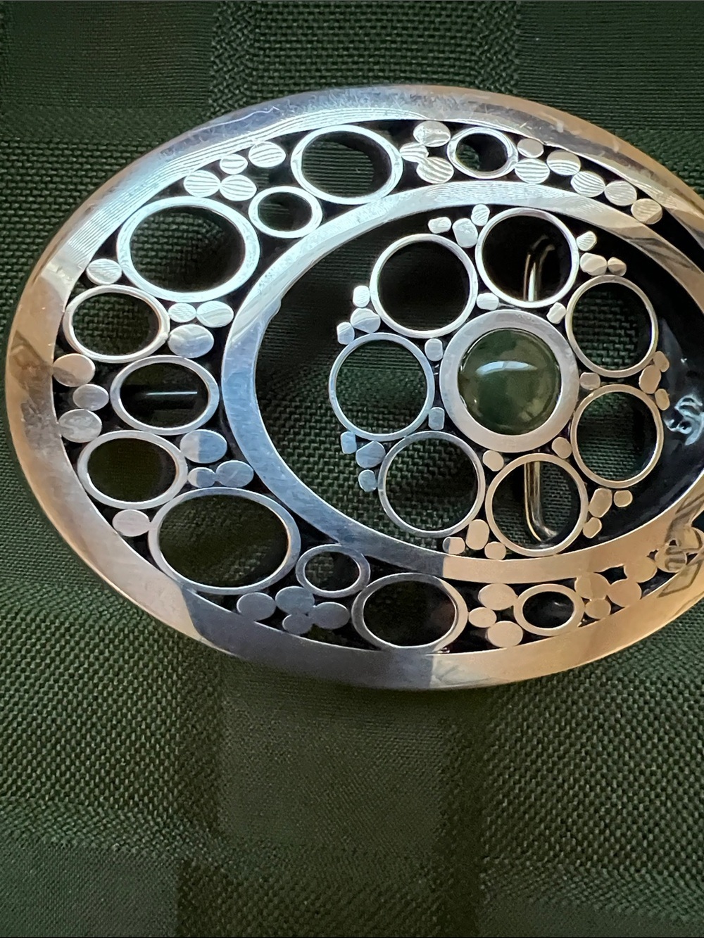 Silver Tone Oval Belt Buckle with Cutout Circles and Central Green stone - Picture 3 of 8